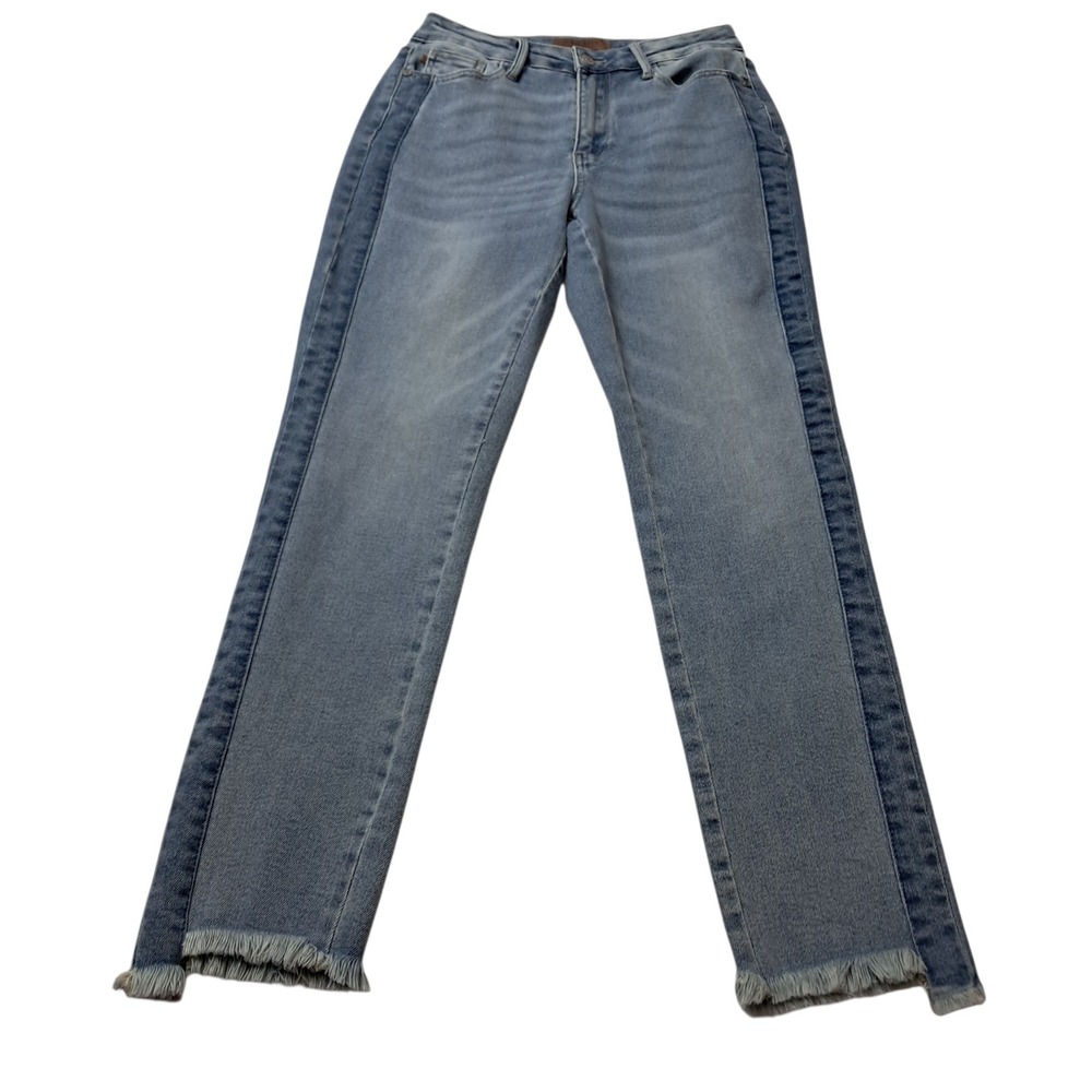 Judy Blue Jeans Women's 3/26‎ Blue Two Tone High Rise Slim Fit Straight Raw Hem